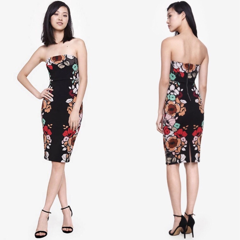 Express Floral Print Strapless Tube Bodycon Dress Black Pink Red 0